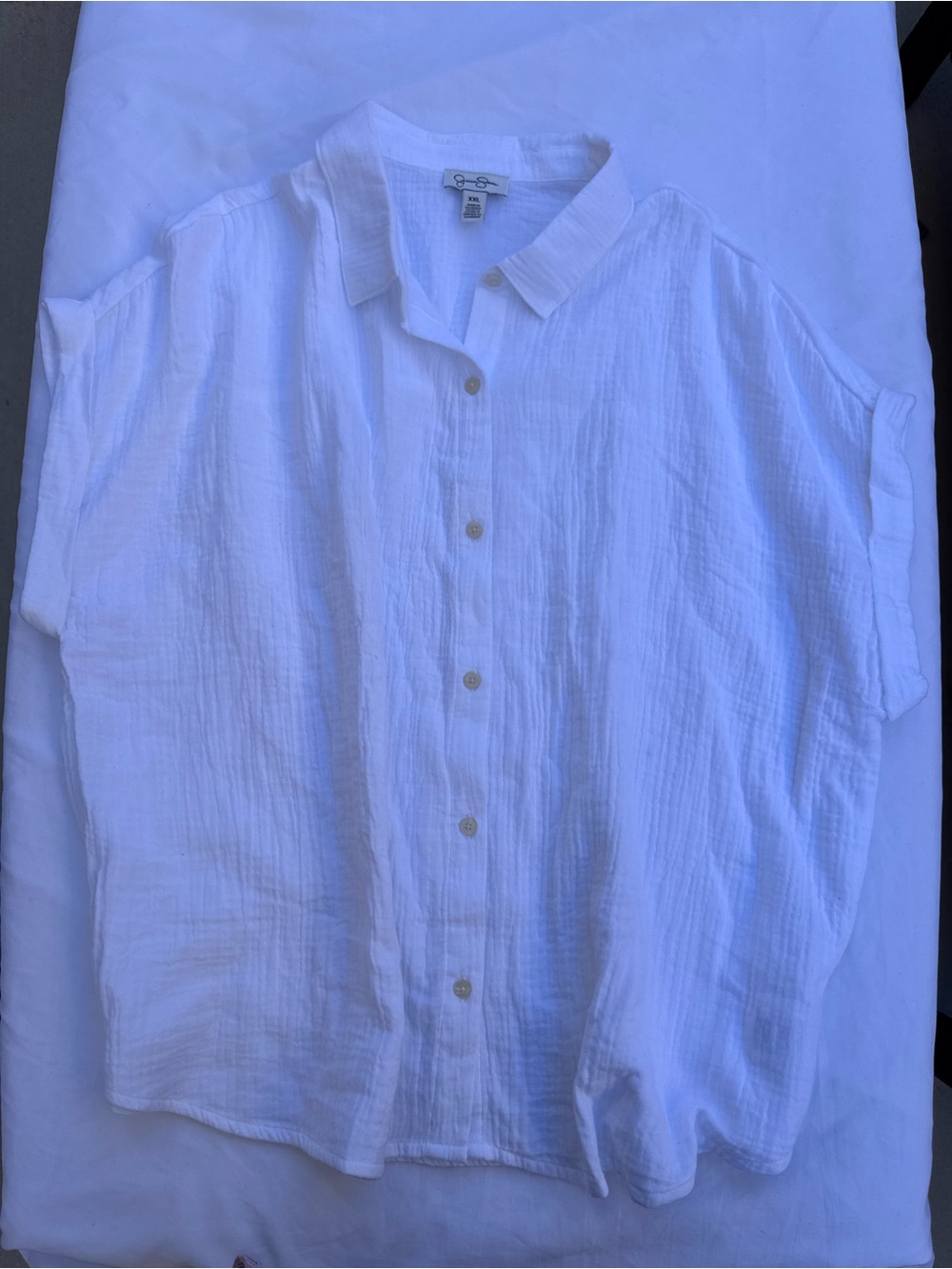 Jessica Simpson XXL Cotton White Gauze Short Sleeve Blouse Quiet Luxury Seaside